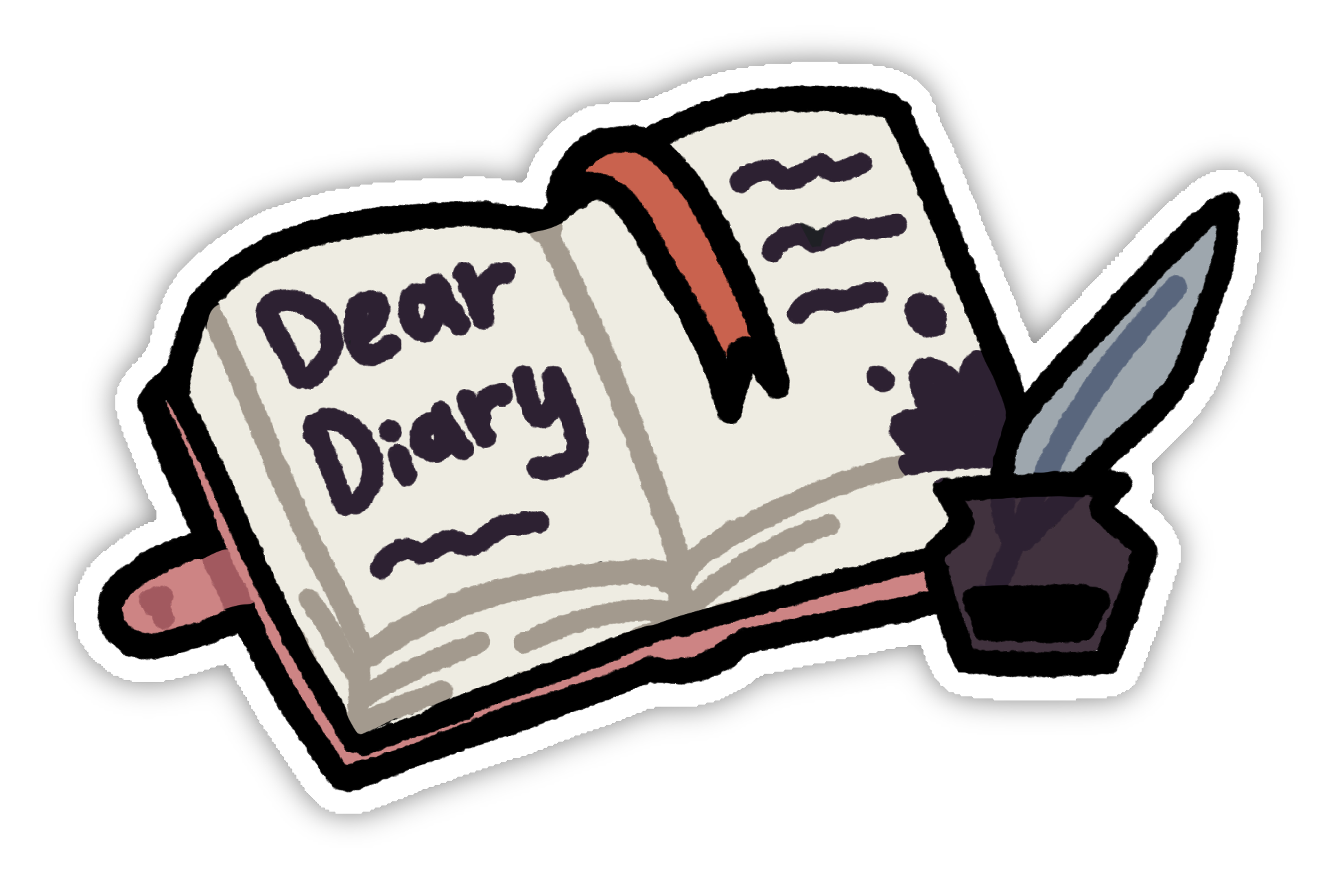 a simplistic drawing of an open diary, its says Dear Diary on one of the pages. Next to the Diary theres a vial of ink with a feather sticking out