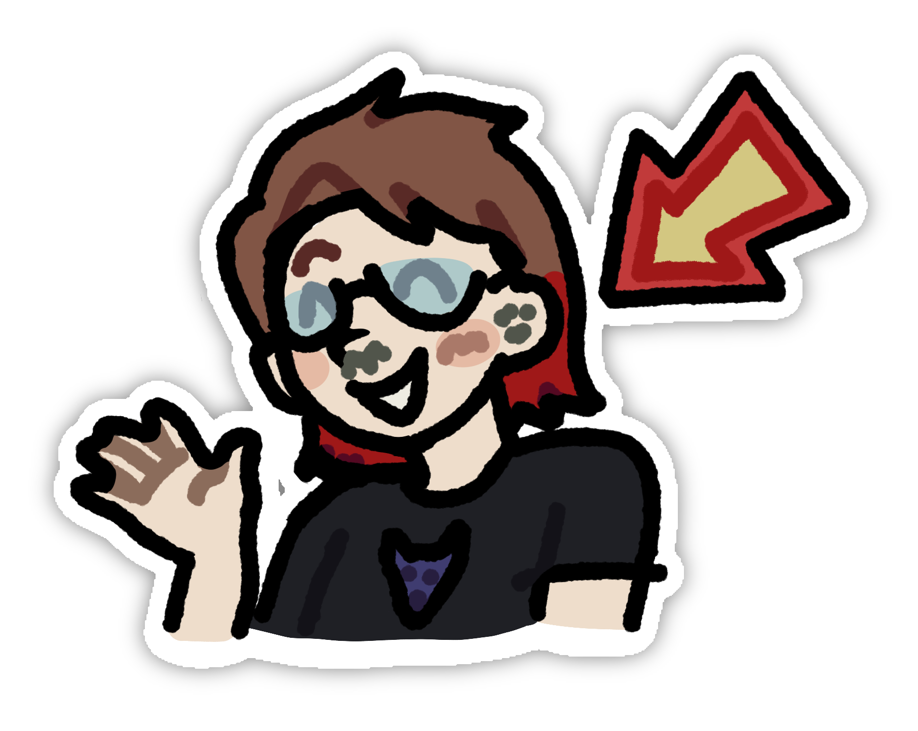 a simplistic drawing of a person, they have a brown mullet with red hair tips, they are wearing glasses, they have a spicky septum piercing and earlobe peircings. Theyre smiling and waving, theres an arrow pointing to them