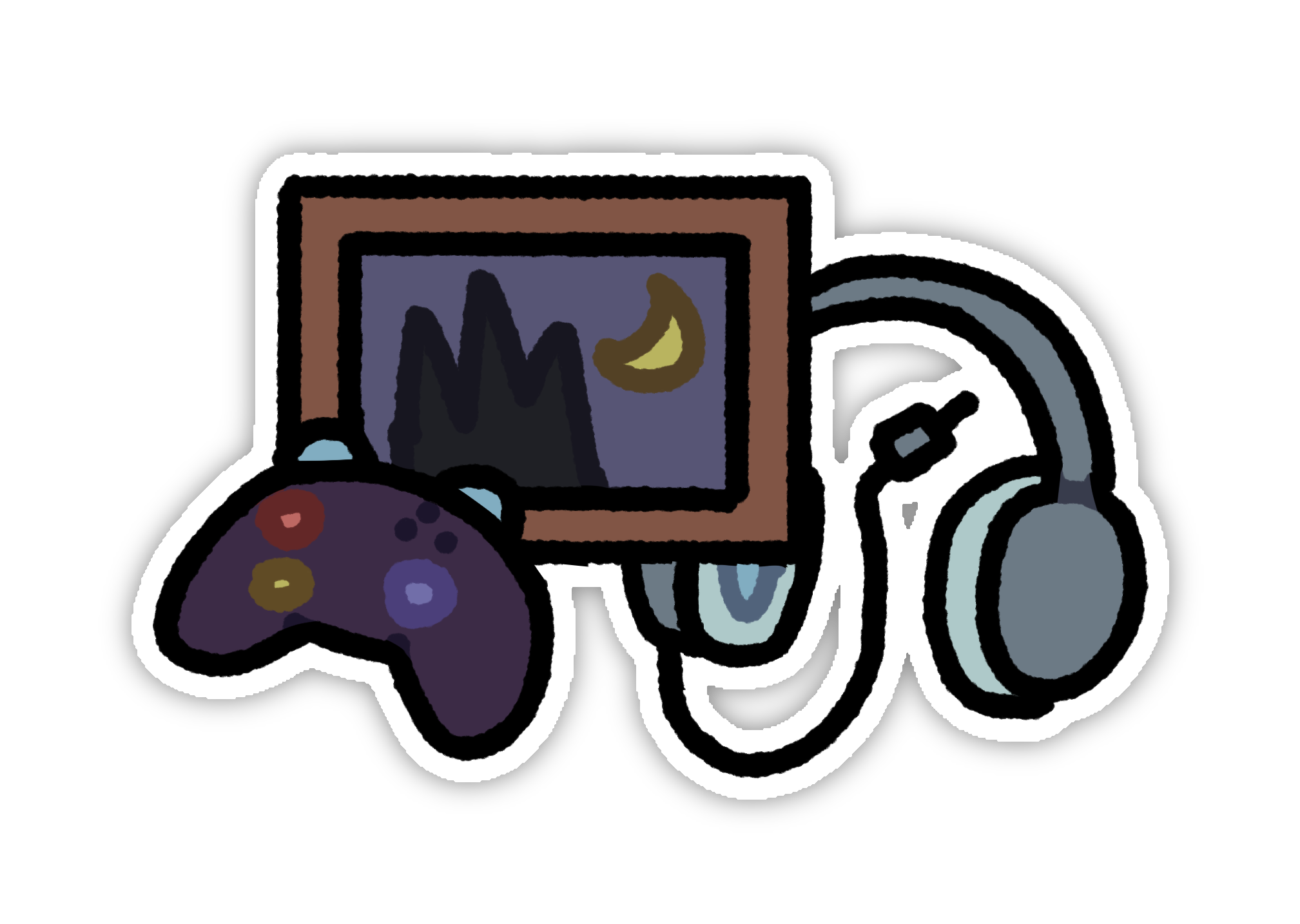 a simplistic drawing of a game controller, Starry Night by van Gogh and Headphones on top of eachother