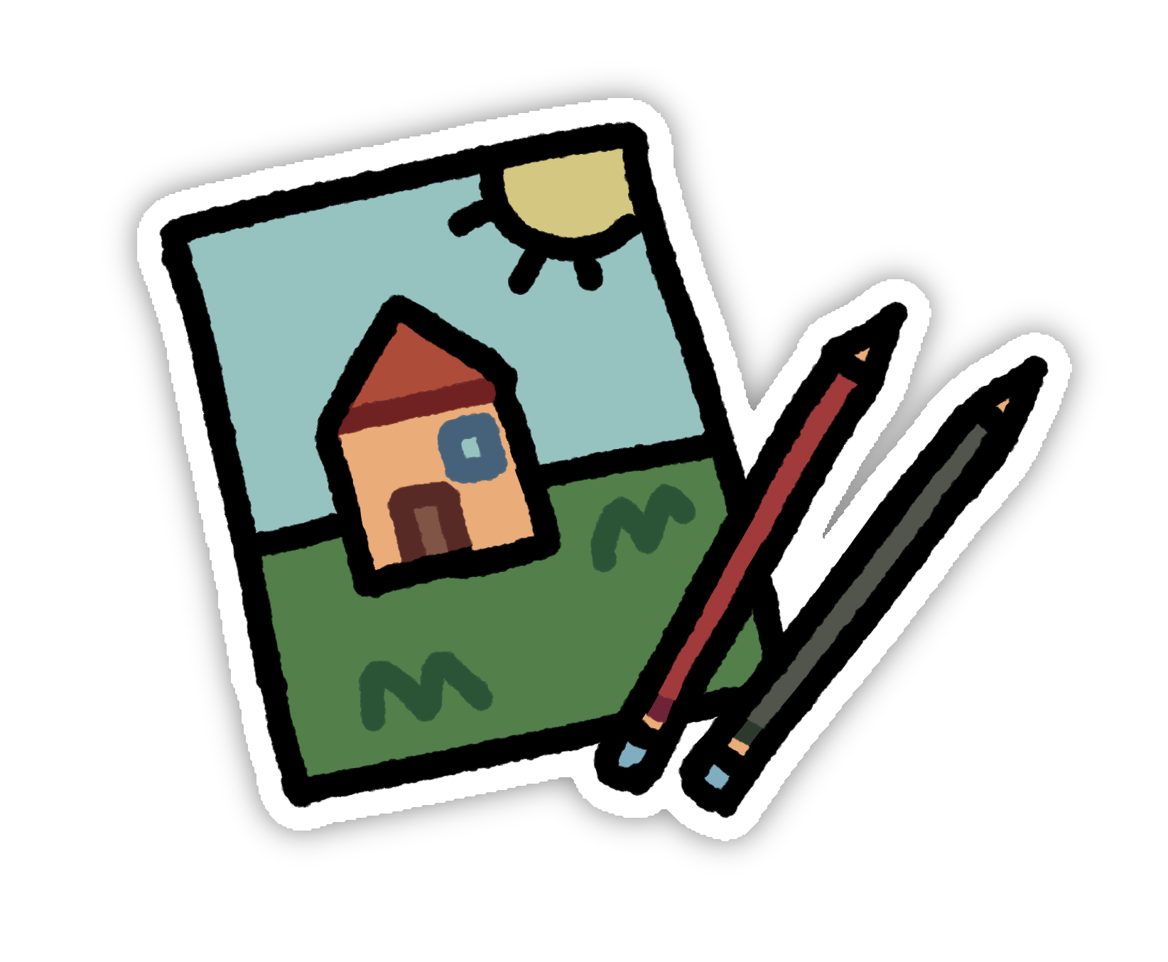 a simplistic drawing of a piece of paper with a drawing of house standing on grass with the sun in the corner, 2 pencils are on top of the piece of paper with the drawing